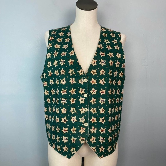 VINTAGE Handmade Holiday Stars Christmas Folk Art Button Up Vest Farmhouse Large - Picture 1 of 12